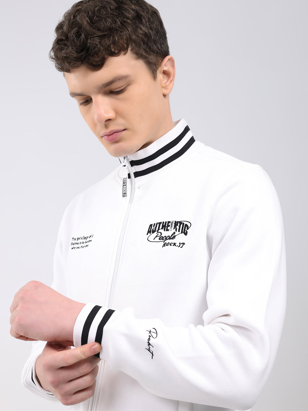 Rock.it Men White Embroidered T Neck Full Sleeve Sweatshirt