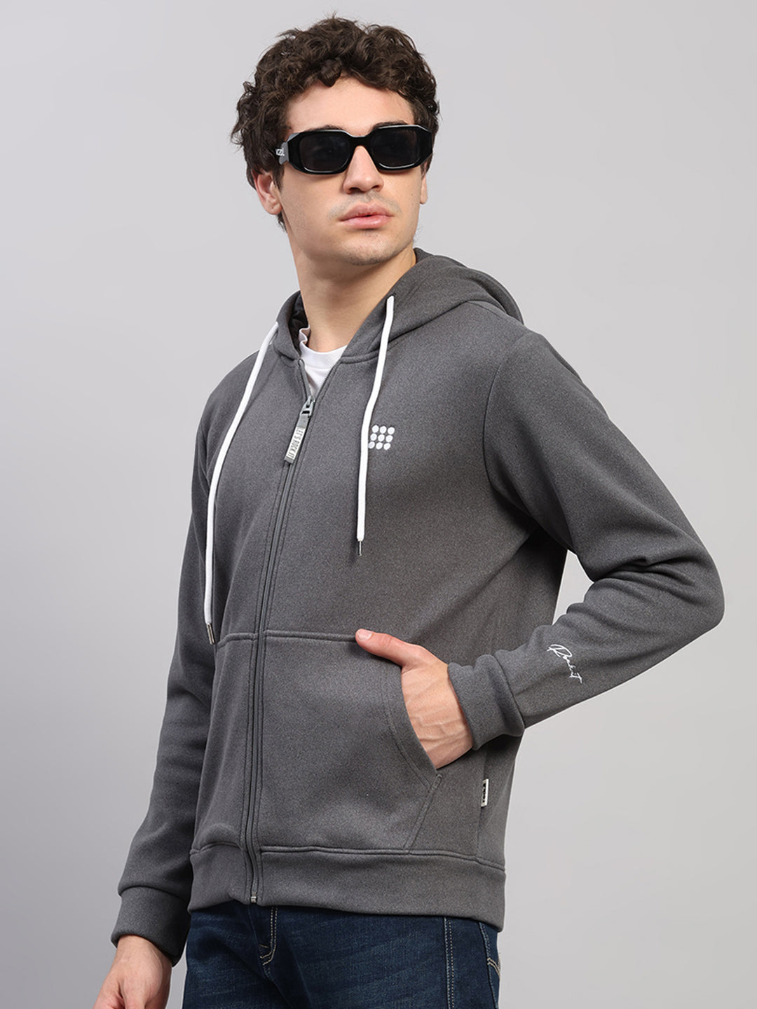 Rock.it Men Grey Solid Hooded Full Sleeve Sweatshirt