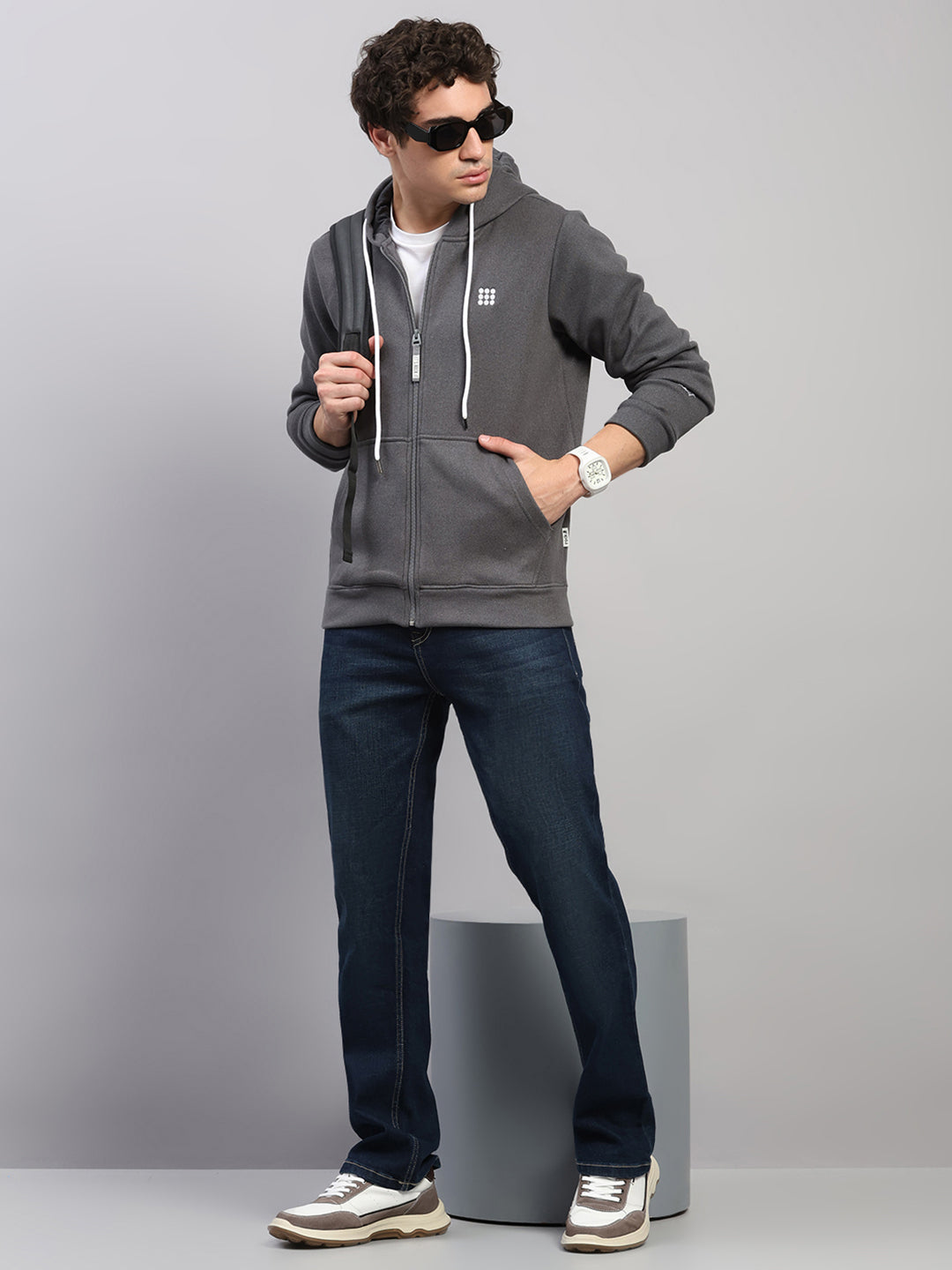 Rock.it Men Grey Solid Hooded Full Sleeve Sweatshirt