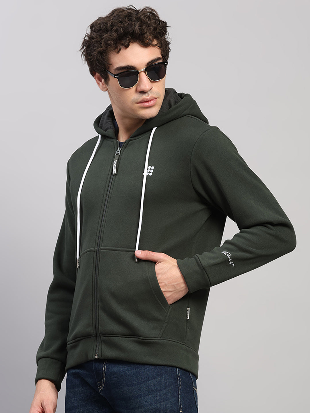 Rock.it Men Olive Solid Hooded Full Sleeve Sweatshirt