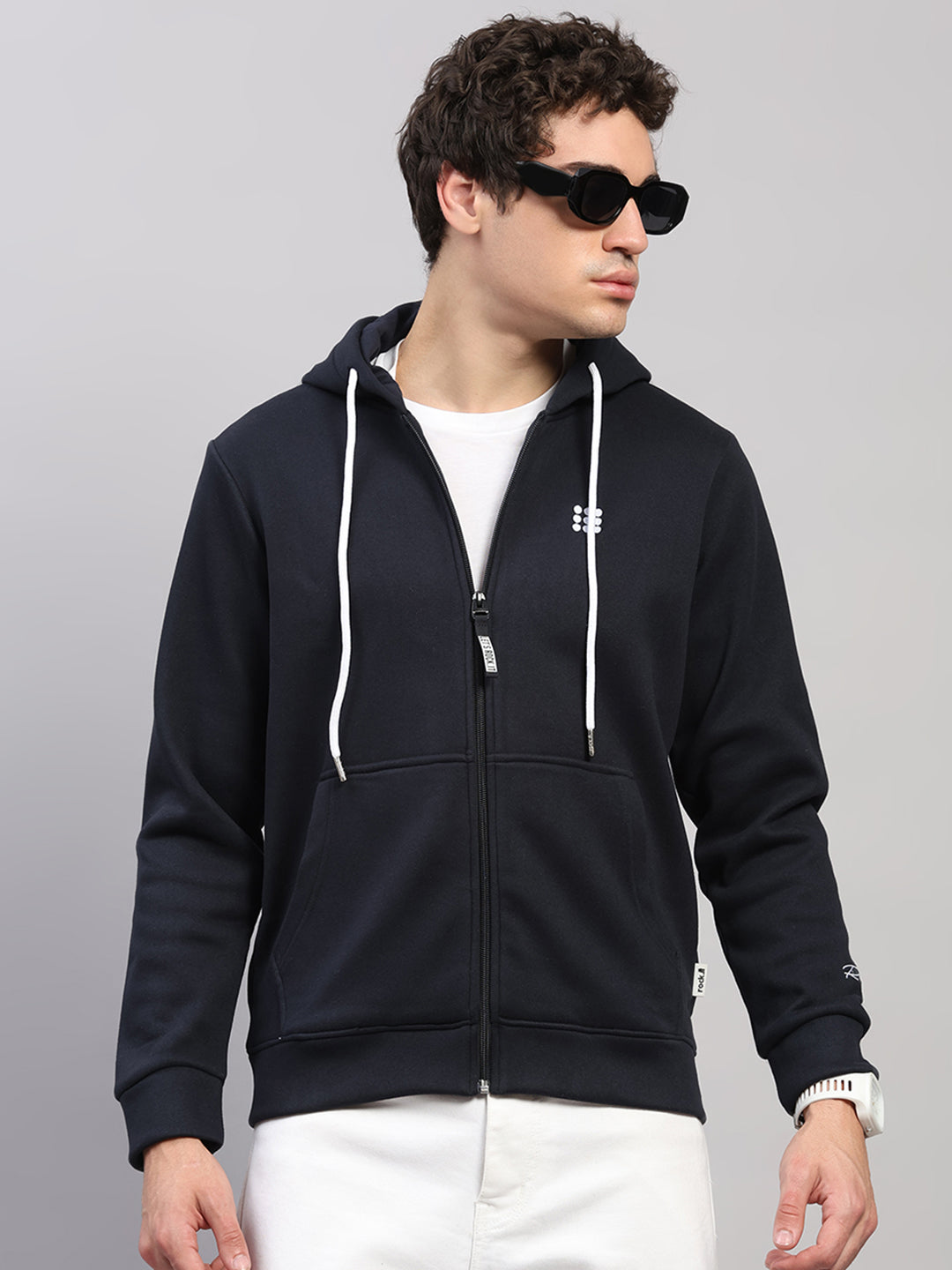Rock.it Men Navy Blue Solid Hooded Full Sleeve Sweatshirt