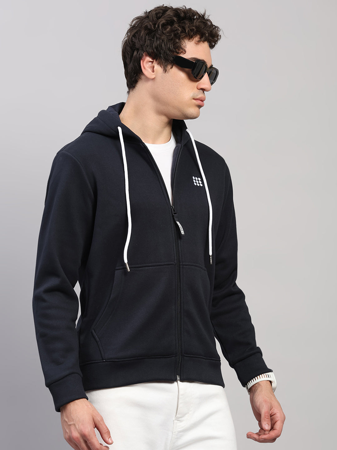 Rock.it Men Navy Blue Solid Hooded Full Sleeve Sweatshirt