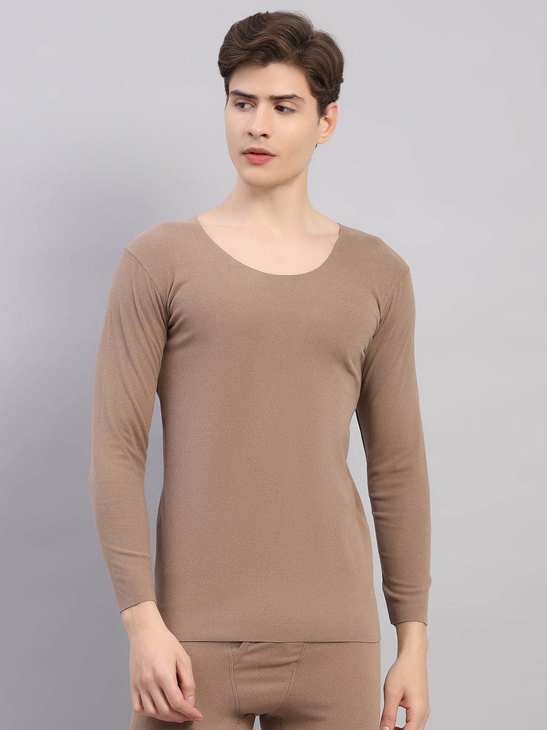 Rock.it Men Beige Solid Round Neck Full Sleeve Thermal Vest