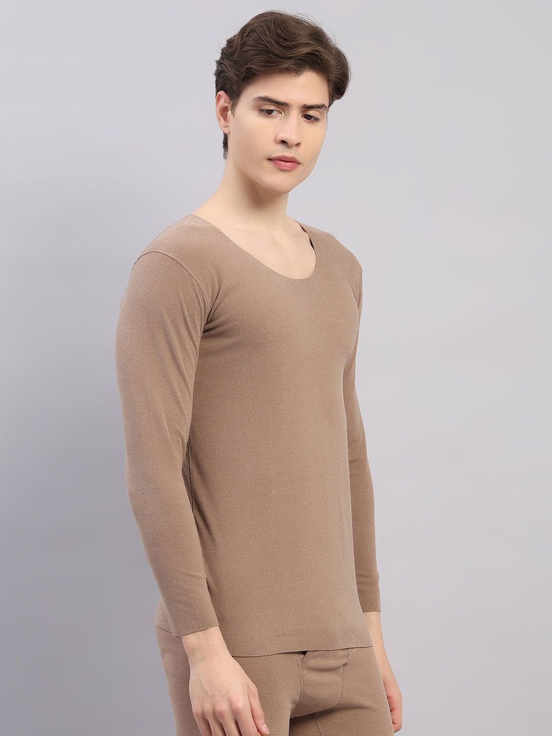Rock.it Men Beige Solid Round Neck Full Sleeve Thermal Vest