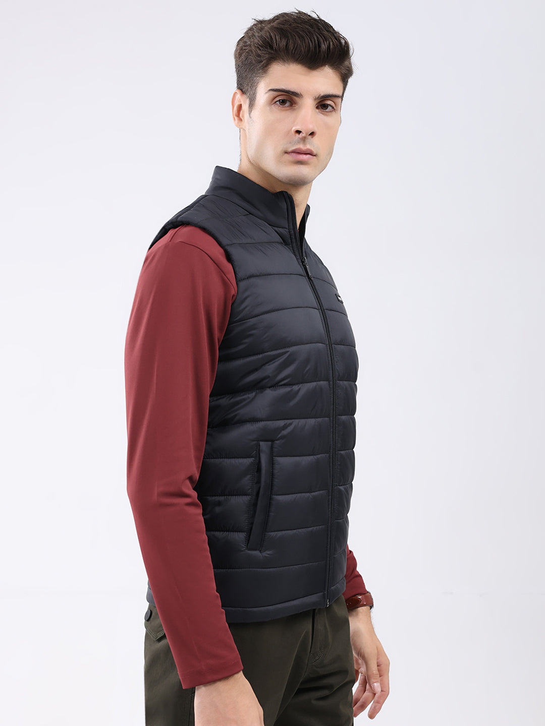 Rock.it Men Black Solid Collar Sleeveless Jacket