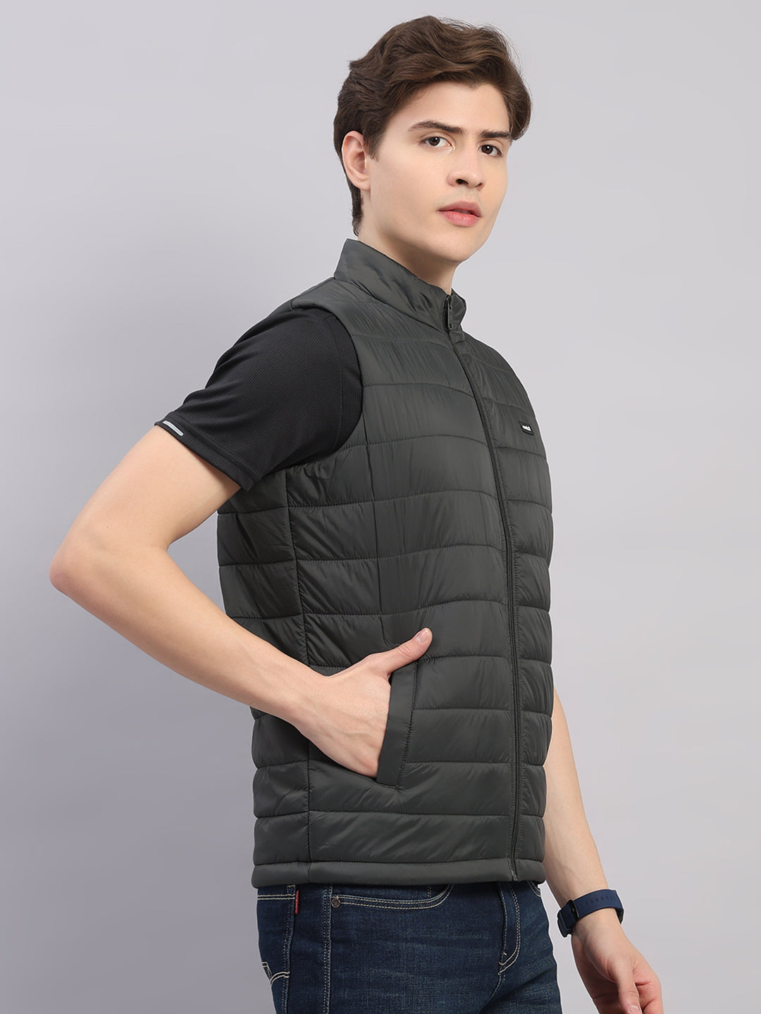 Rock.it Men Olive Solid Stand Collar Sleeveless Jacket