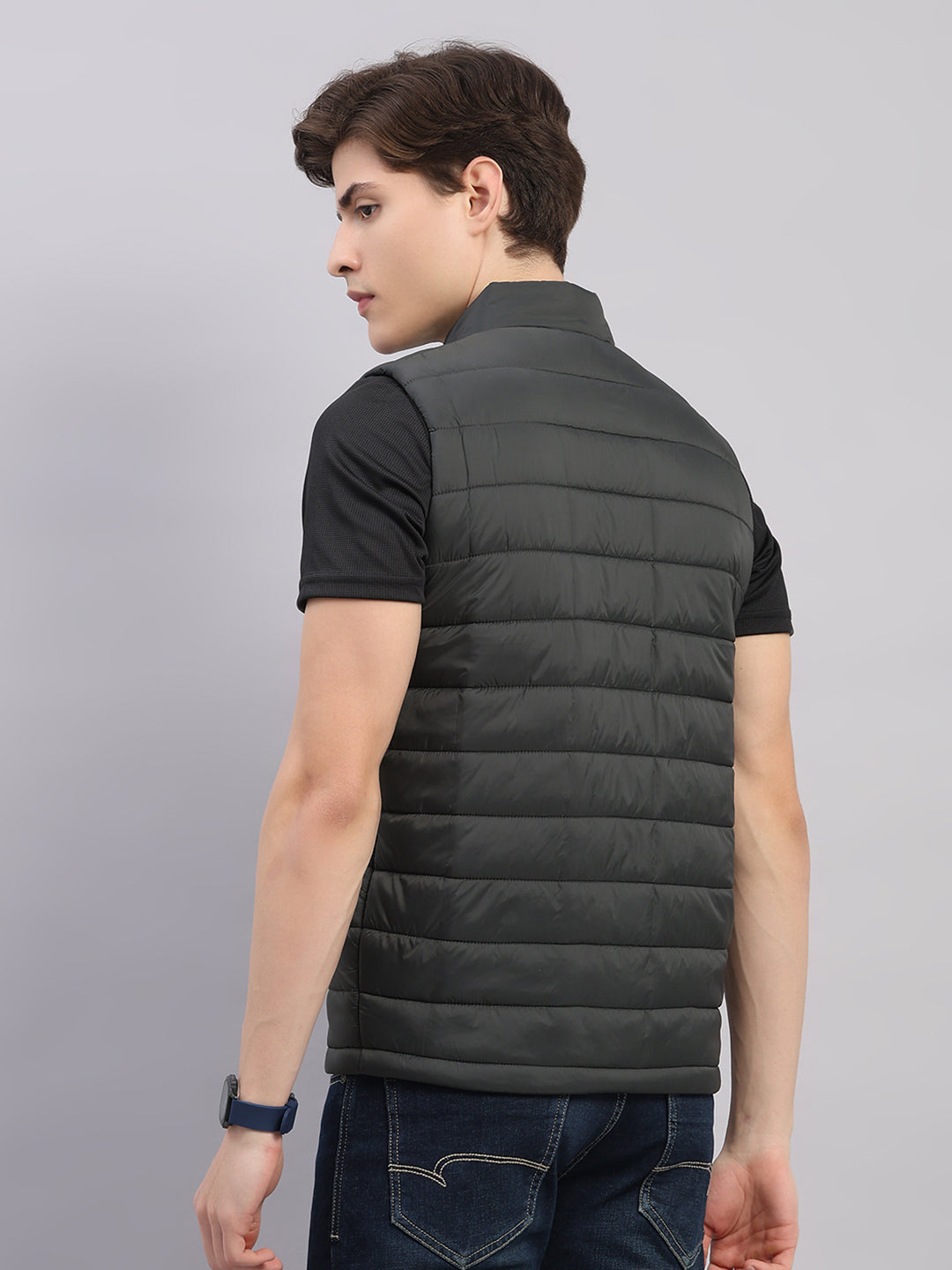 Rock.it Men Olive Solid Stand Collar Sleeveless Jacket