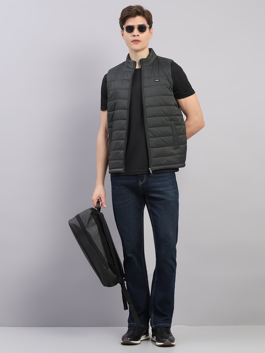 Rock.it Men Olive Solid Stand Collar Sleeveless Jacket