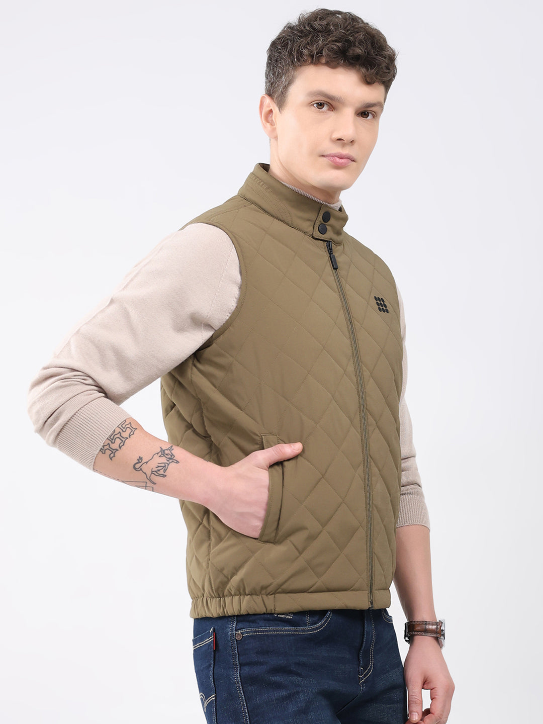 Rock.it Men Brown Solid Collar Sleeveless Jacket