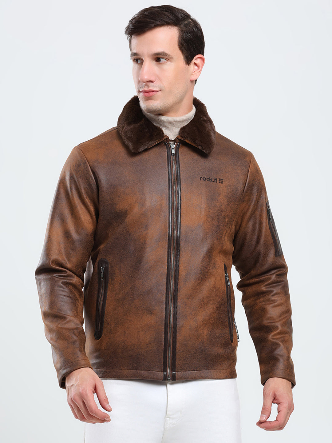 Rock.it Men Brown Solid Collar Full Sleeve Jacket
