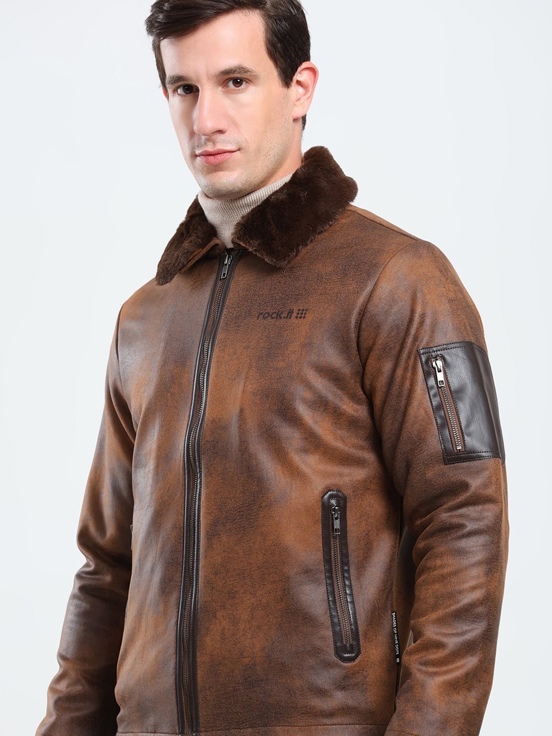 Rock.it Men Brown Solid Collar Full Sleeve Jacket