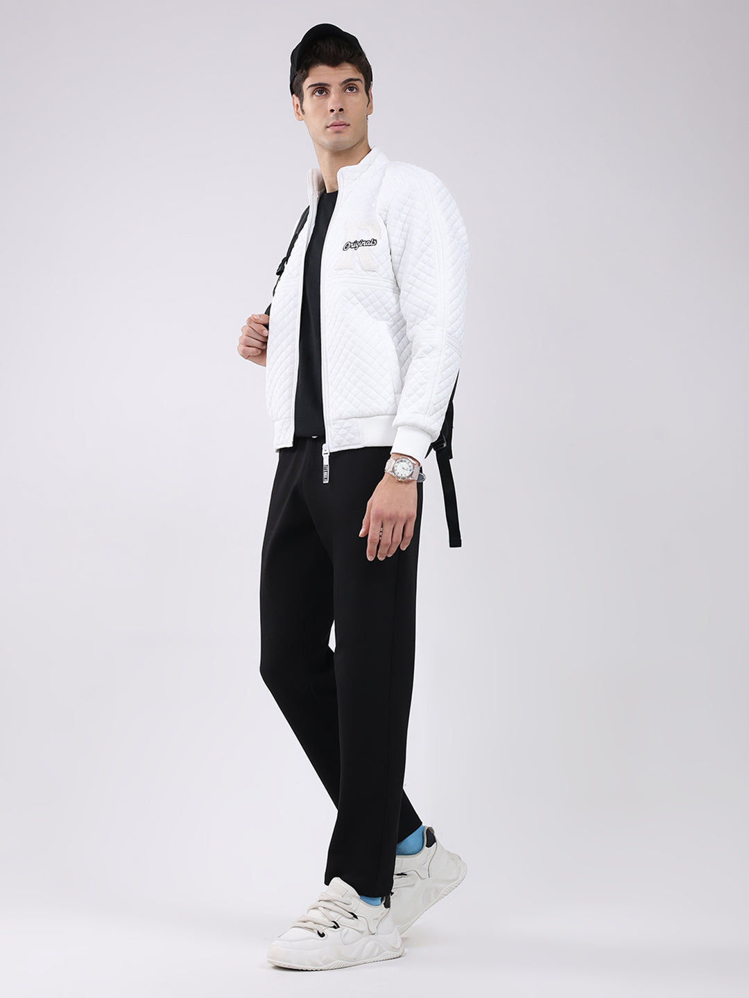 Rock.it Men White Self Design Mock Neck Full Sleeve Jacket