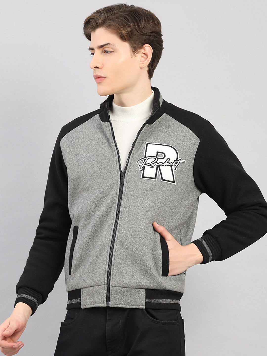 Rock.it Men Grey Melange Solid Stand Collar Full Sleeve Jacket
