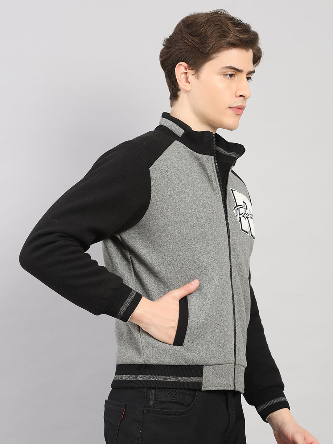 Rock.it Men Grey Melange Solid Stand Collar Full Sleeve Jacket