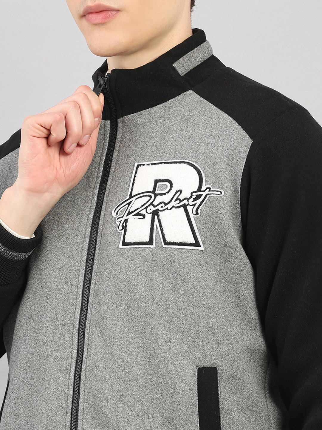 Rock.it Men Grey Melange Solid Stand Collar Full Sleeve Jacket