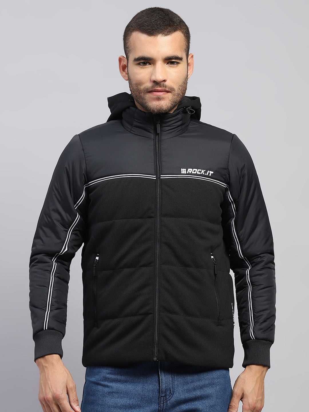 Rock.it Men Black Solid Stand Collar Full Sleeve Jacket