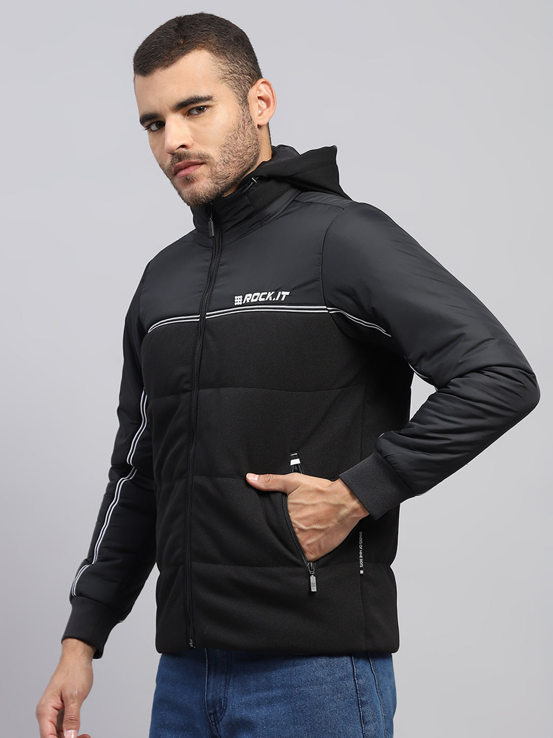 Rock.it Men Black Solid Stand Collar Full Sleeve Jacket