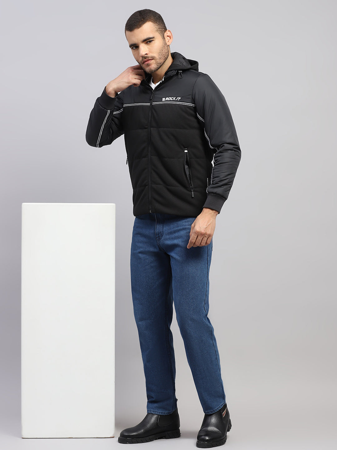 Rock.it Men Black Solid Stand Collar Full Sleeve Jacket