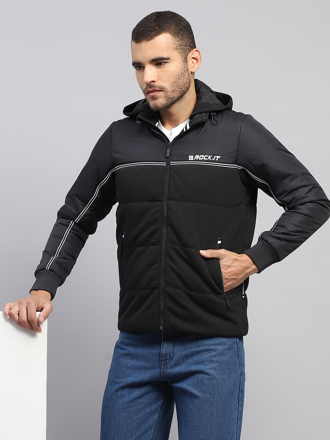 Rock.it Men Black Solid Stand Collar Full Sleeve Jacket