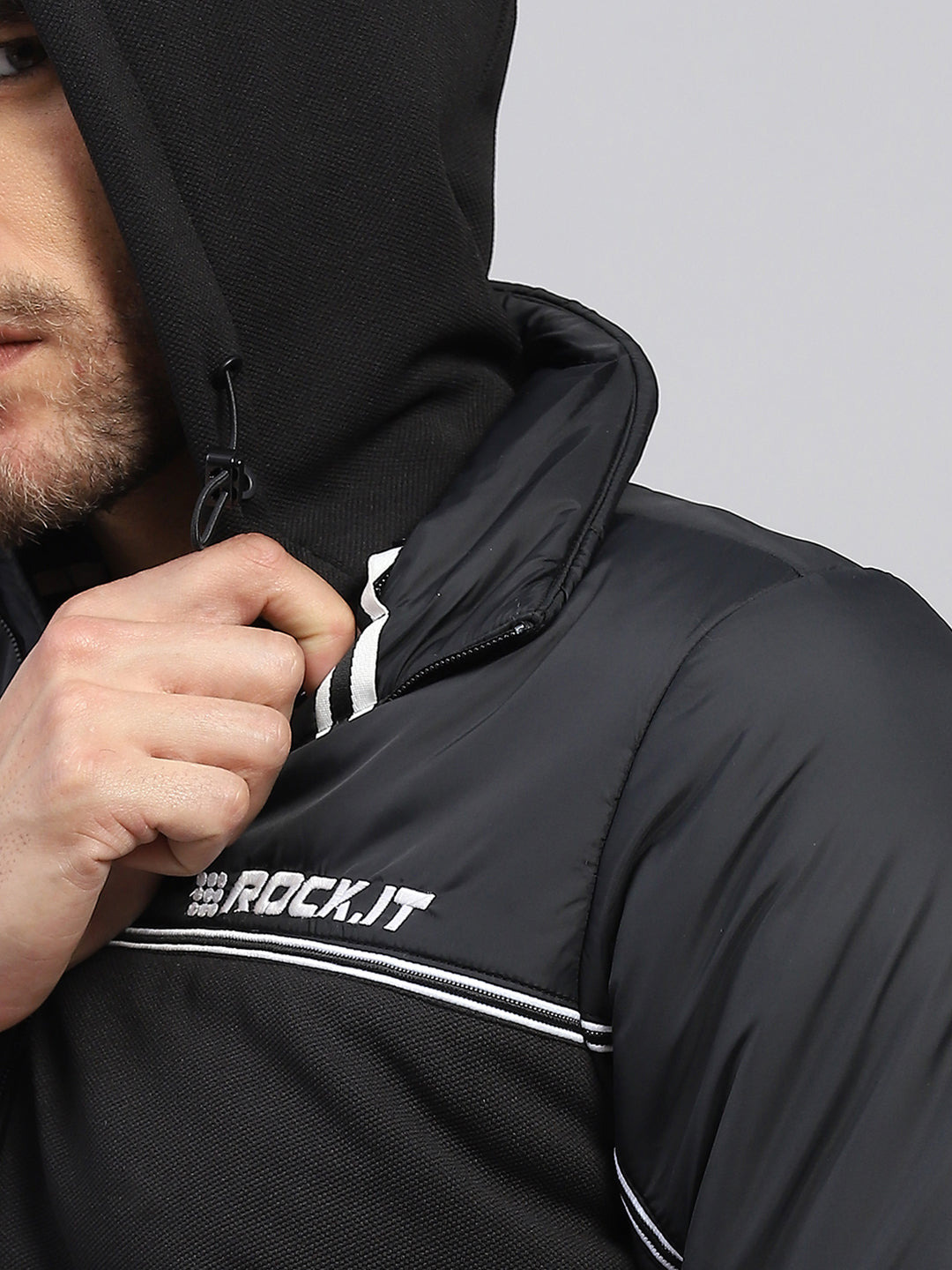 Rock.it Men Black Solid Stand Collar Full Sleeve Jacket