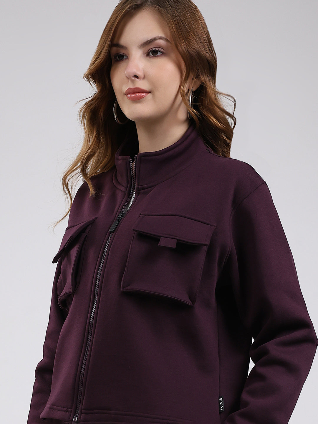 Rock.it Women Maroon Solid Mock Neck Full Sleeve Winter Tracksuit