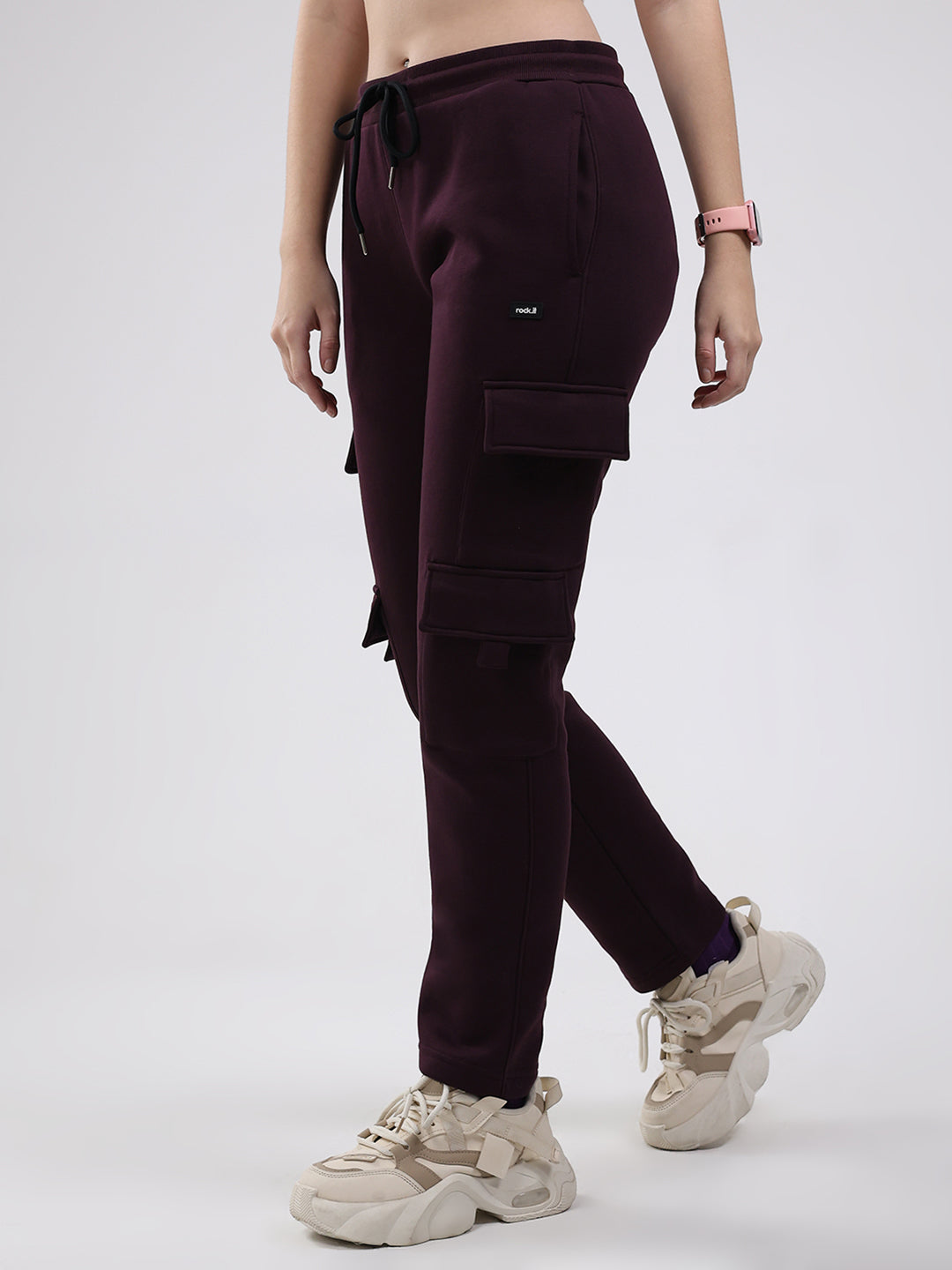 Rock.it Women Maroon Solid Mock Neck Full Sleeve Winter Tracksuit
