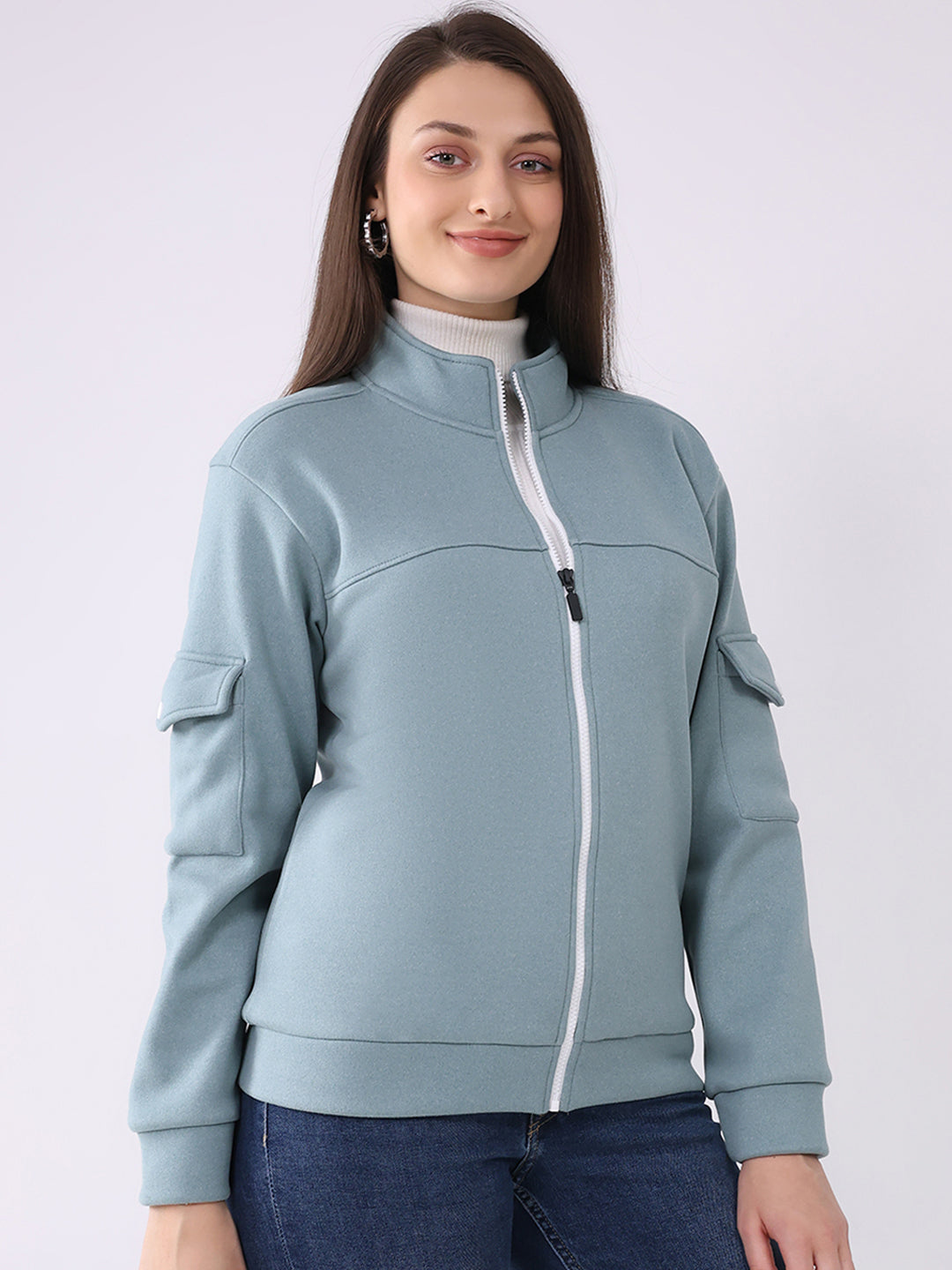 Rock.it Women Turquoise Blue Solid Mock Neck Full Sleeve Sweatshirt