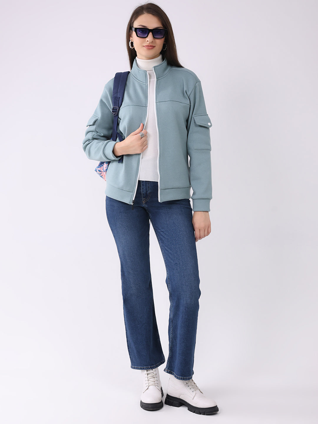 Rock.it Women Turquoise Blue Solid Mock Neck Full Sleeve Sweatshirt