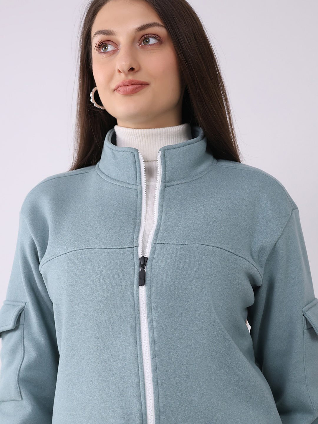 Rock.it Women Turquoise Blue Solid Mock Neck Full Sleeve Sweatshirt