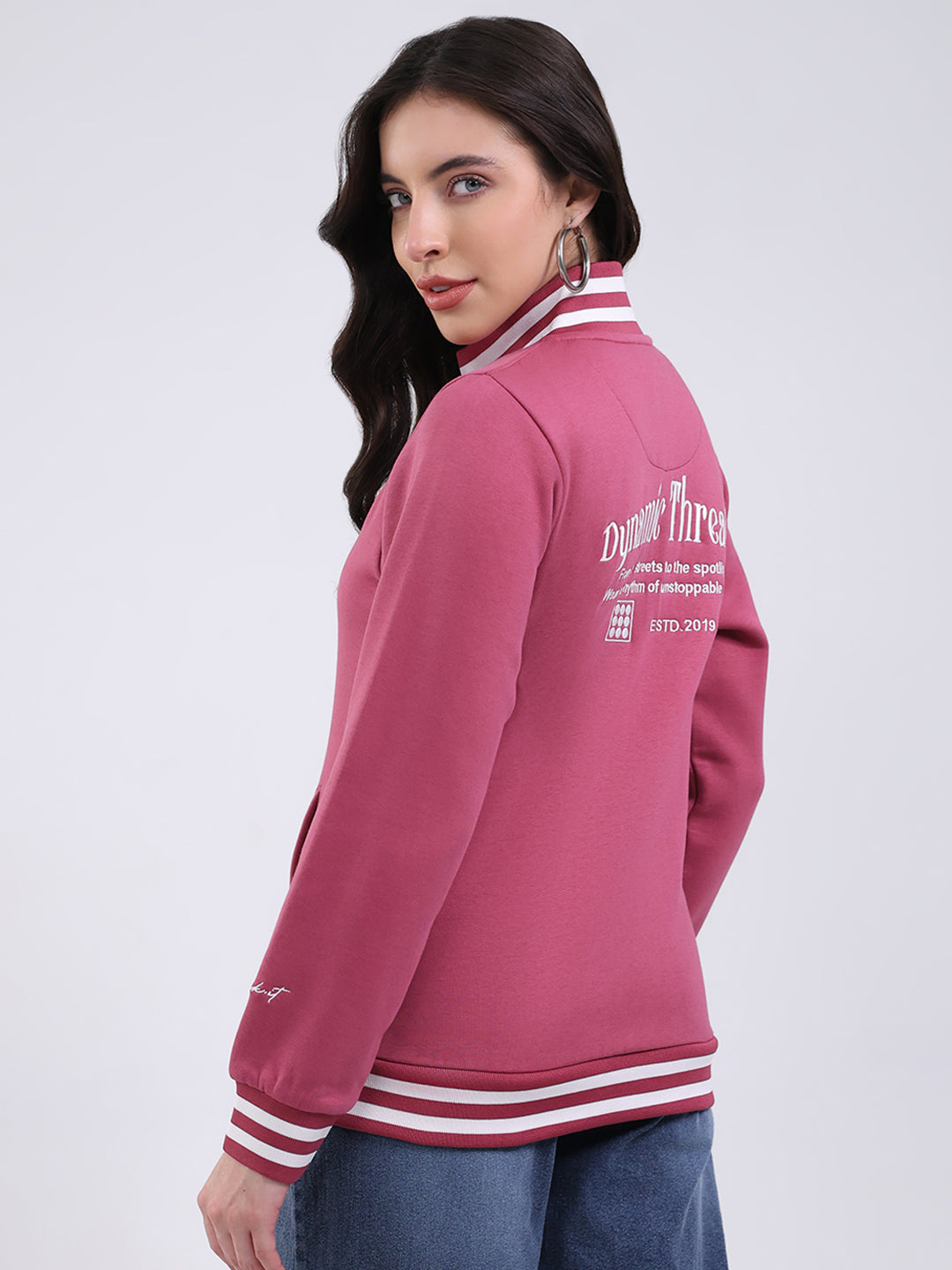 Rock.it Women Mauve Embroidered Turtle Neck Full Sleeve Sweatshirt