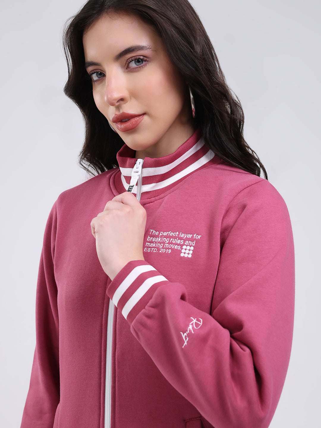 Rock.it Women Mauve Embroidered Turtle Neck Full Sleeve Sweatshirt