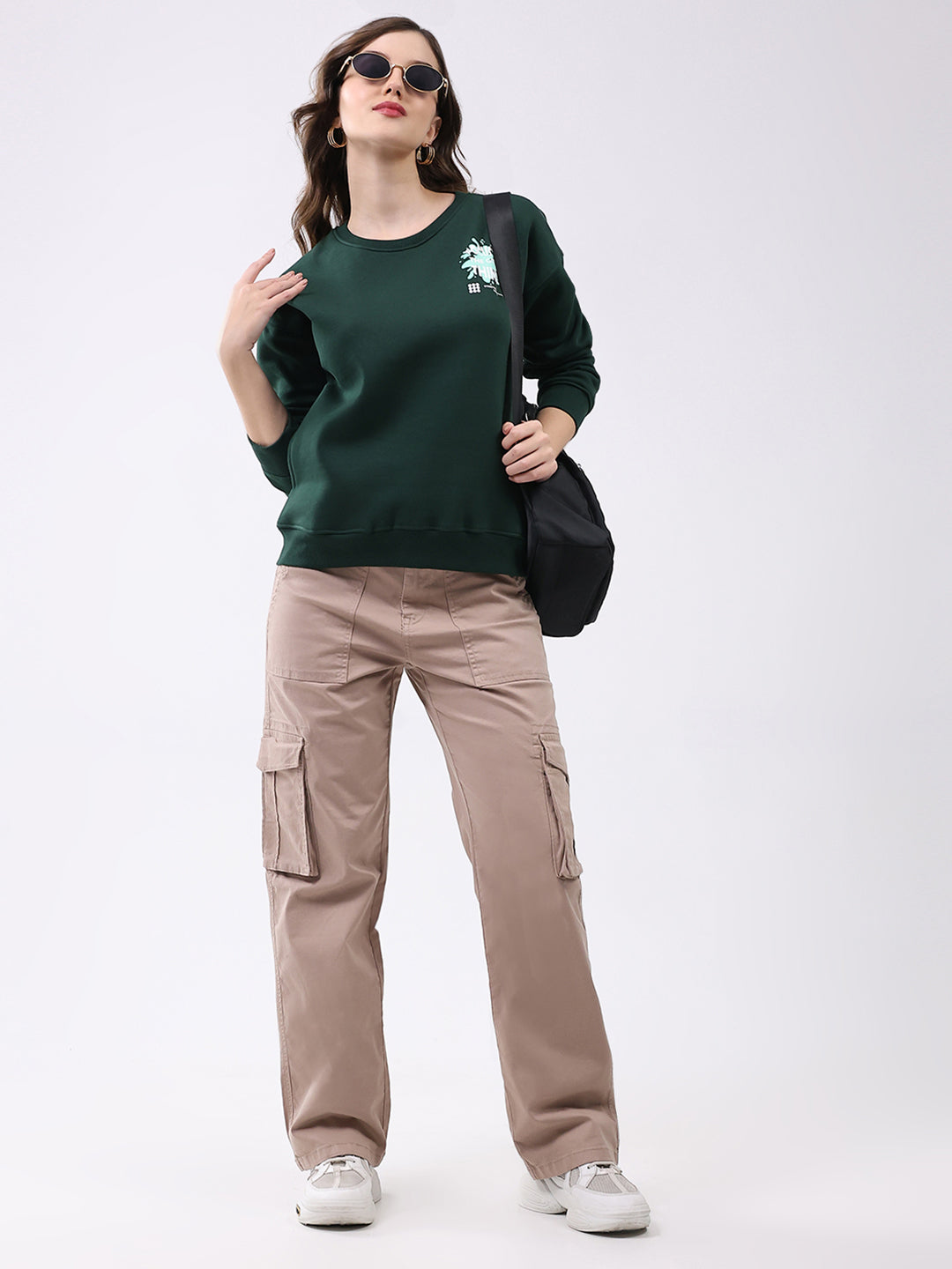 Rock.it Women Green Printed Round Neck Full Sleeve Sweatshirt