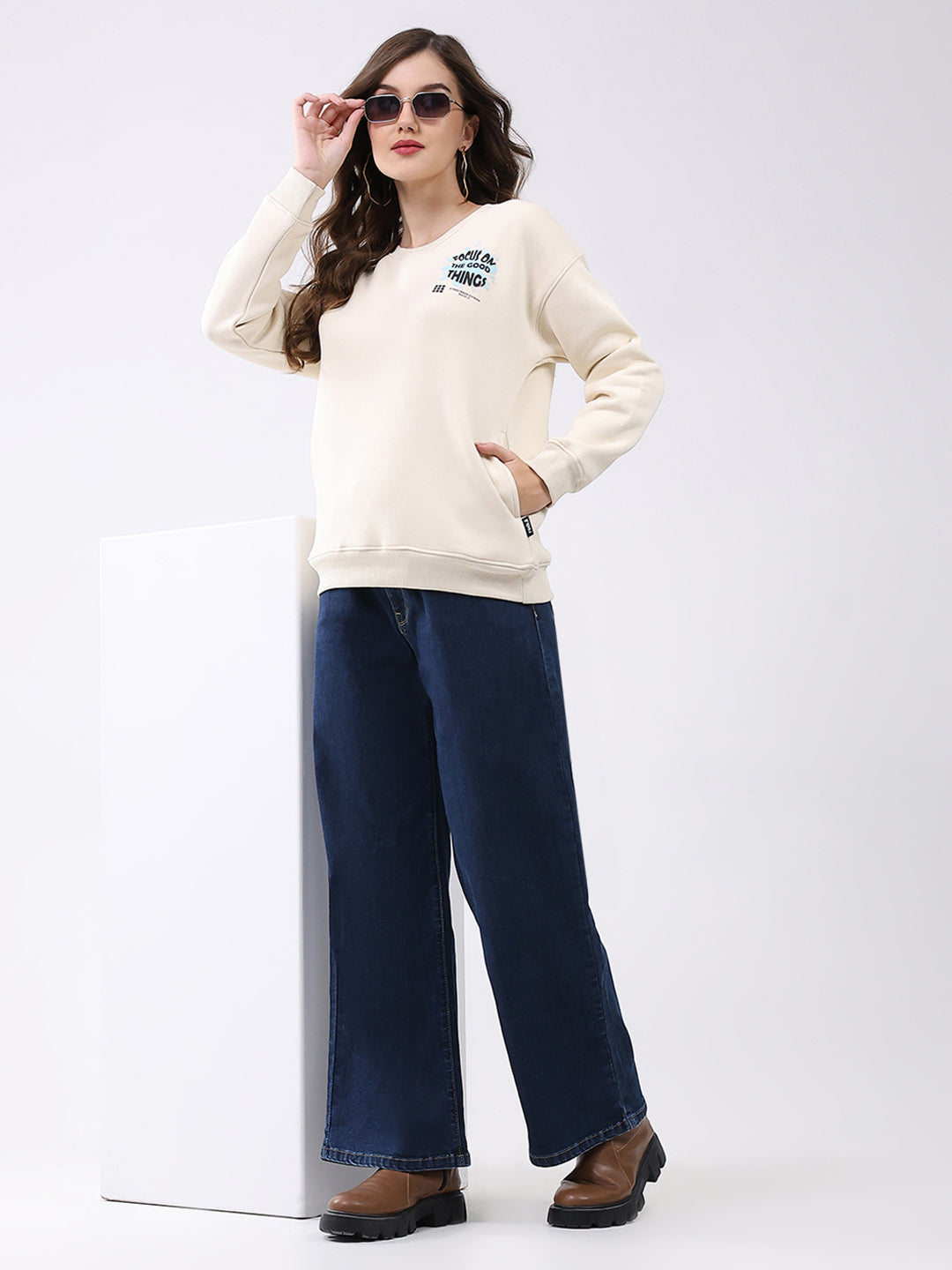 Rock.it Women Cream Printed Round Neck Full Sleeve Sweatshirt