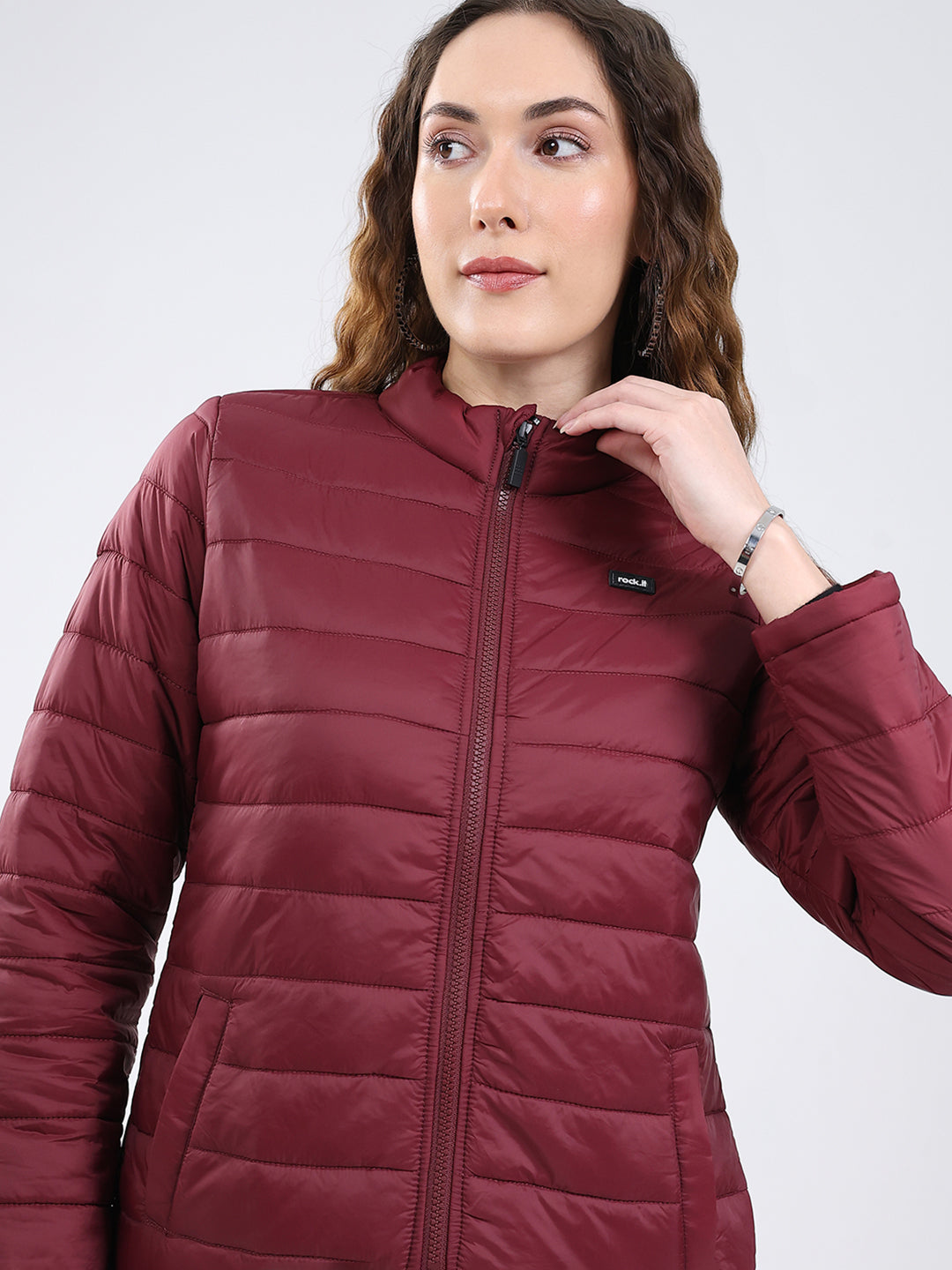 Rock.it Women Maroon Solid Collar Full Sleeve Jacket