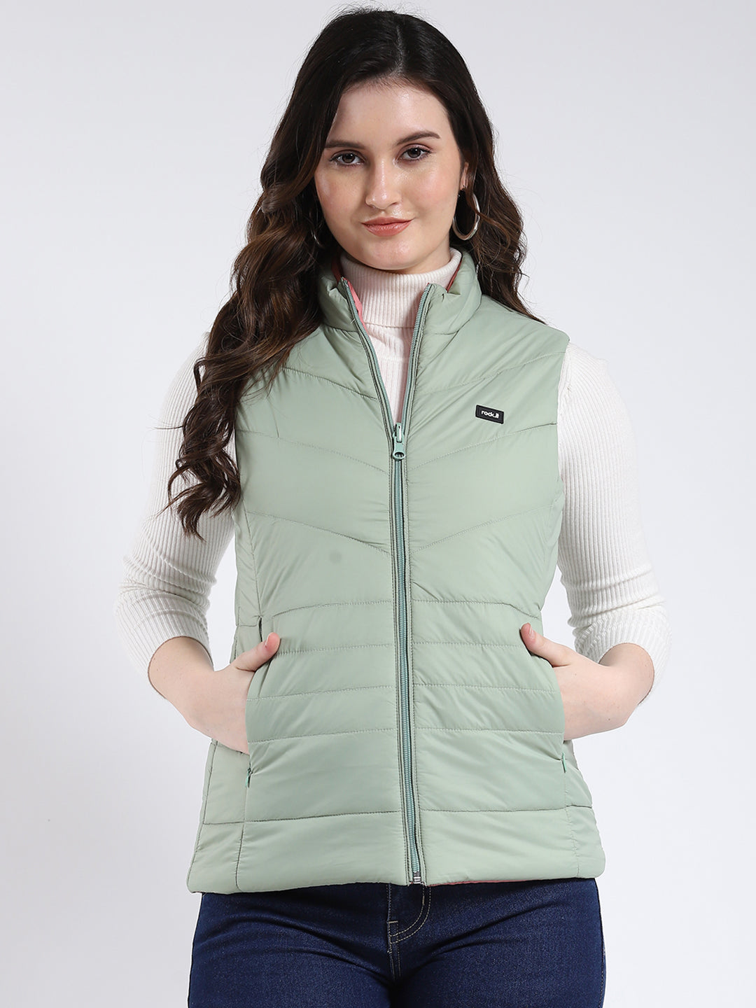 Rock.it Women Green & Pink Solid Mock Neck Sleeveless Jacket