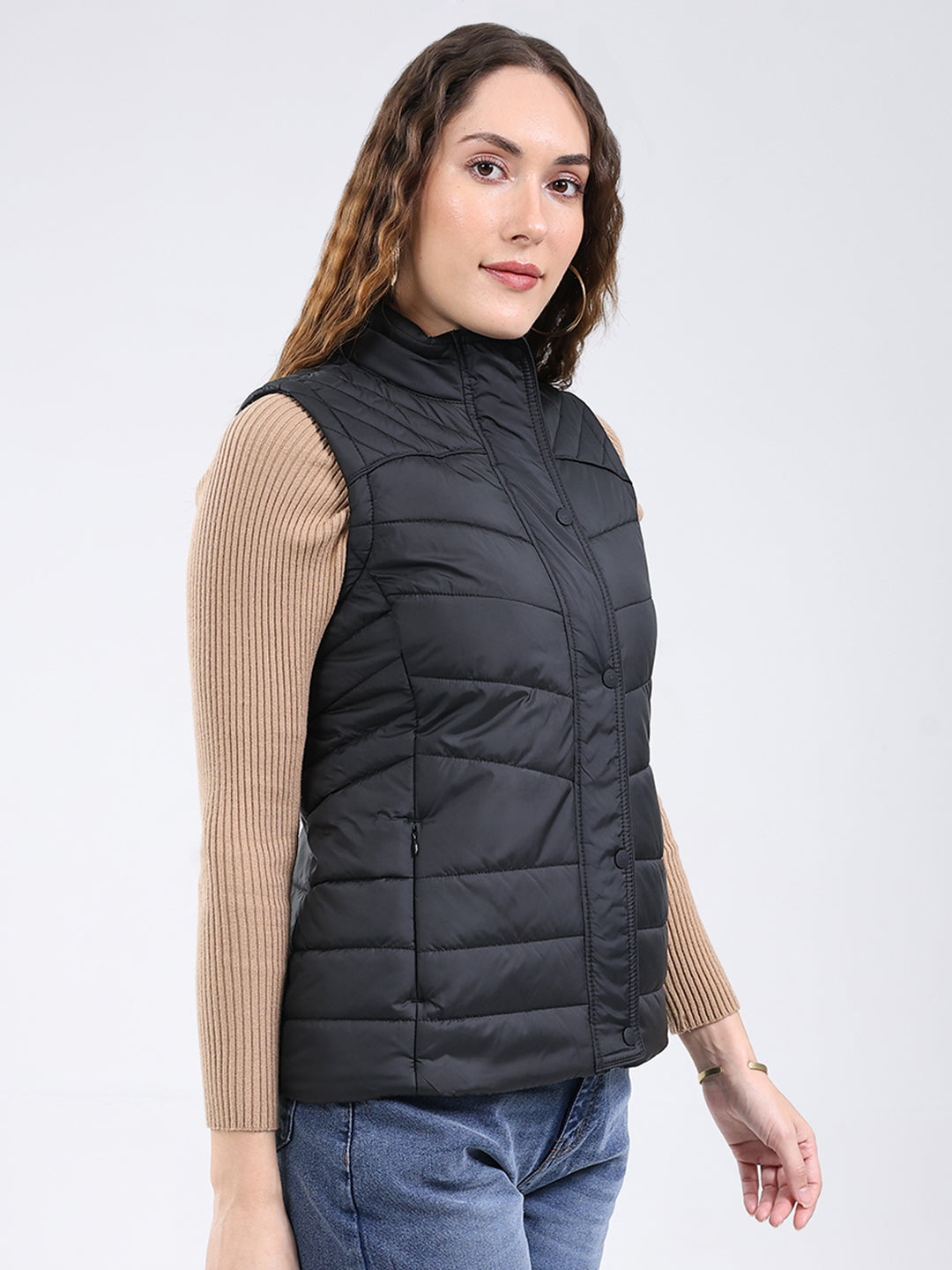 Rock.it Women Black Solid Stand Collar Sleeveless Jacket