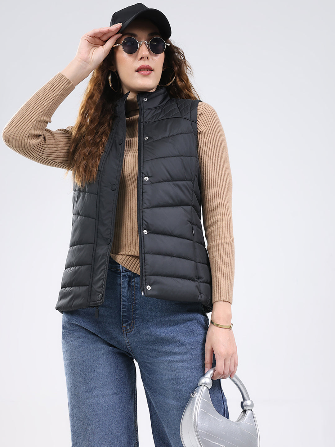 Rock.it Women Black Solid Stand Collar Sleeveless Jacket