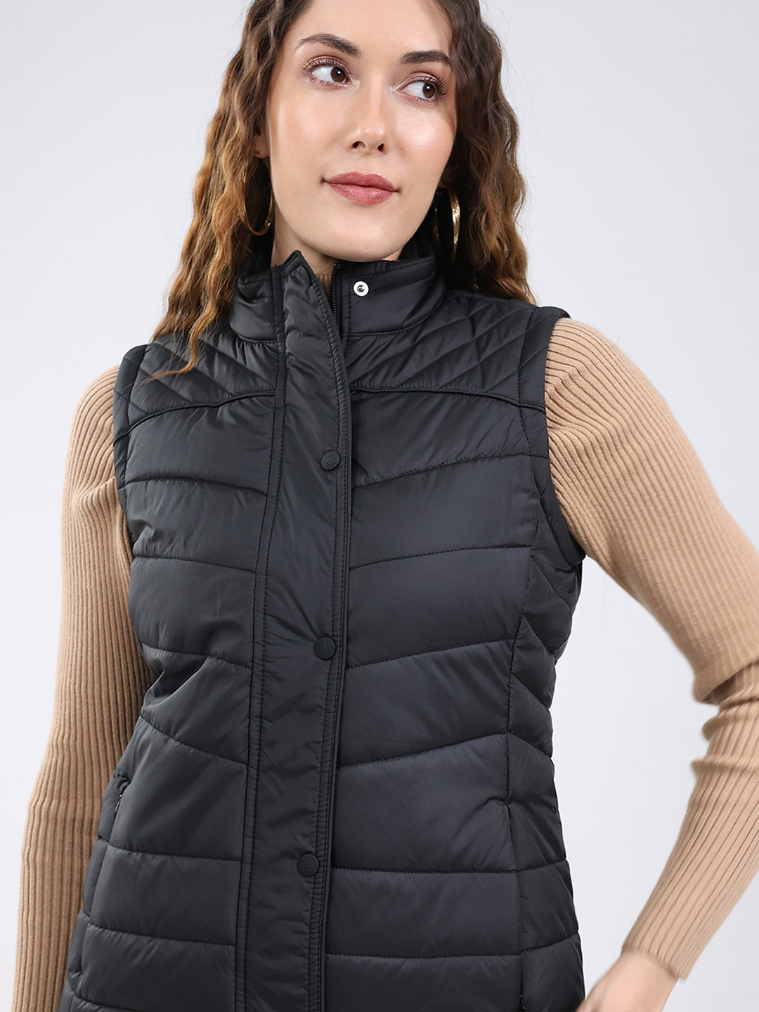 Rock.it Women Black Solid Stand Collar Sleeveless Jacket