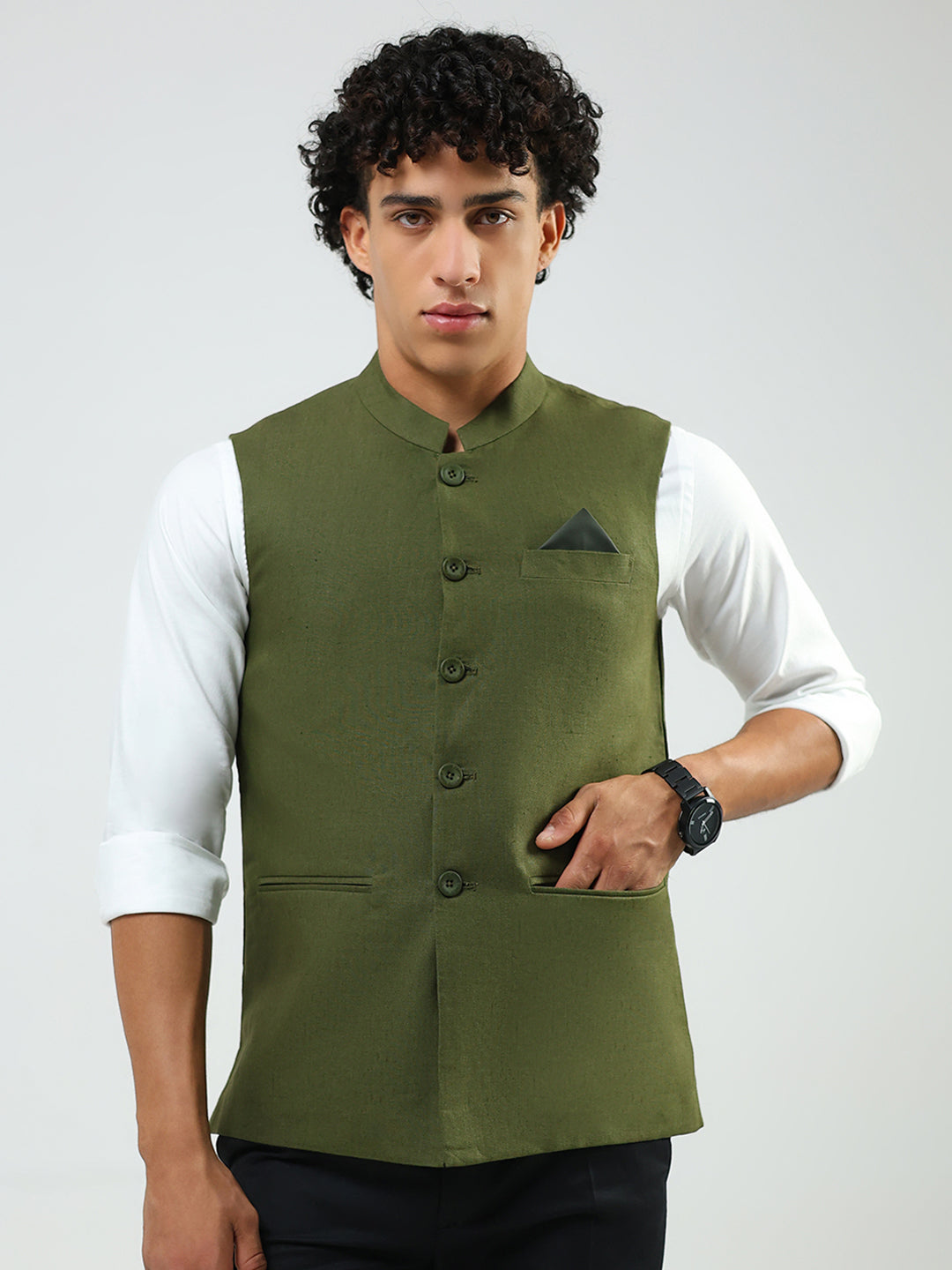 Men Olive Solid Band Neck Sleeveless Nehru Jacket