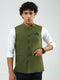 Men Olive Solid Band Neck Sleeveless Nehru Jacket
