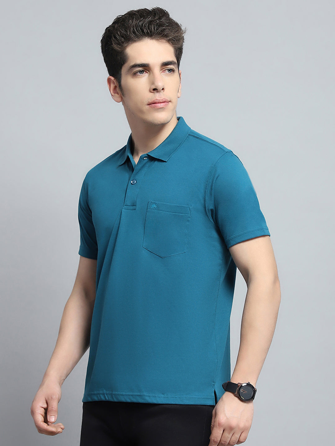 Men Teal Blue Solid Collar Half Sleeve T-Shirt
