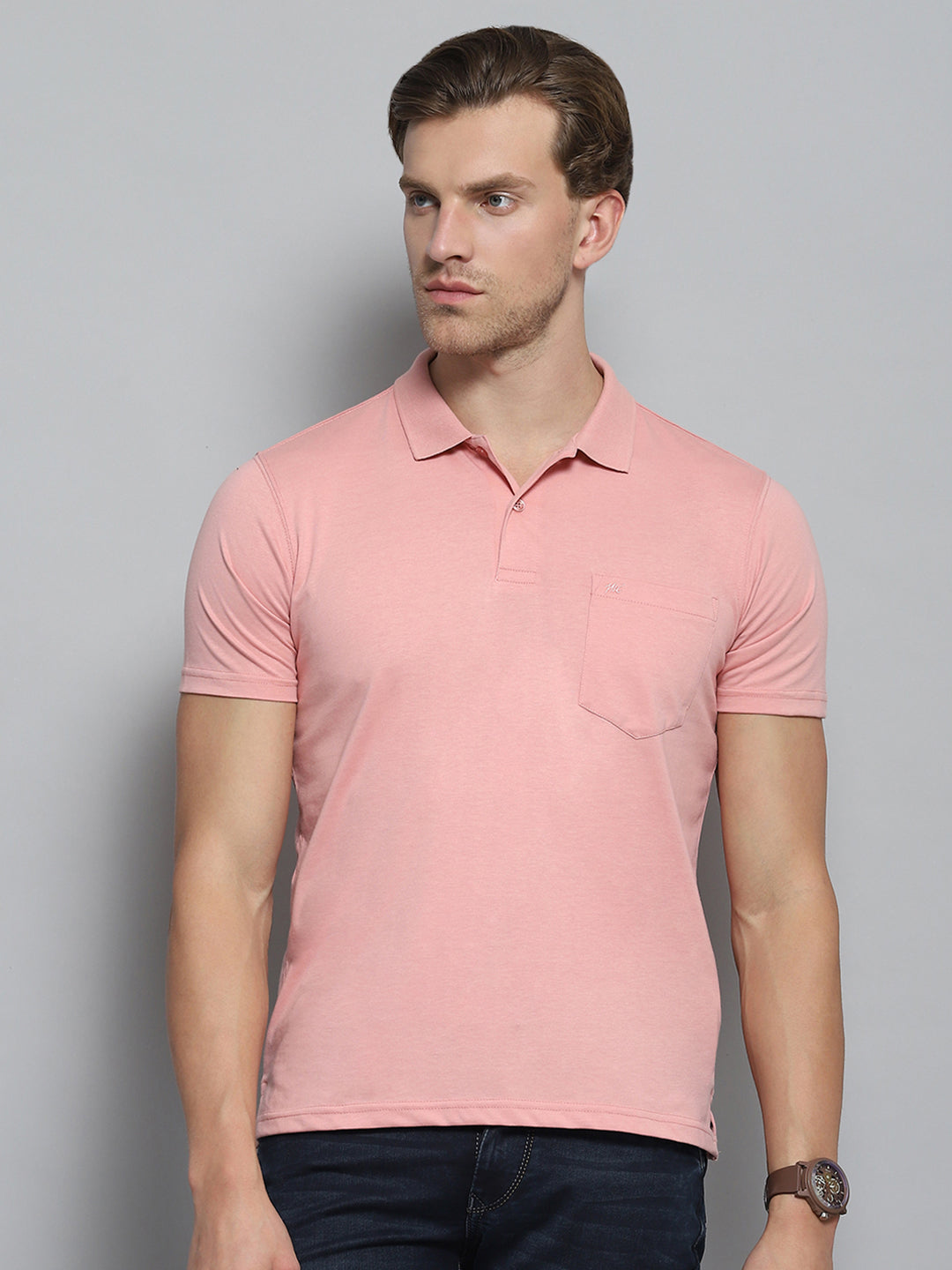 Men Pink Solid Collar Half Sleeve T-Shirt