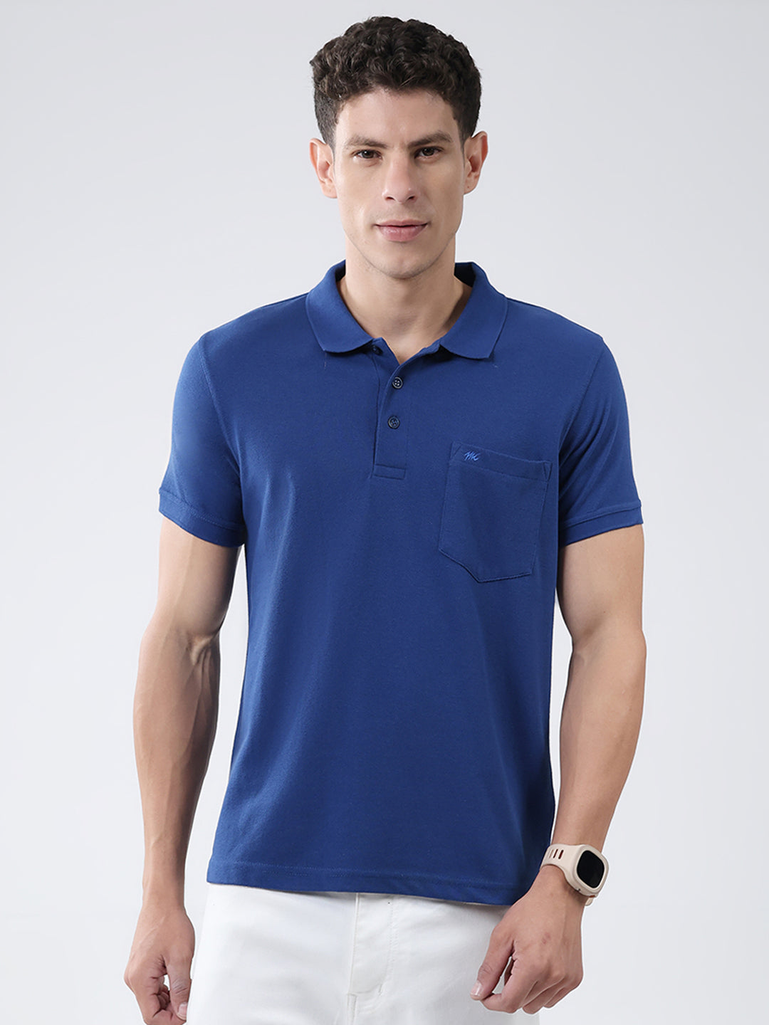 Men Blue Solid Collar Half Sleeve T-Shirt