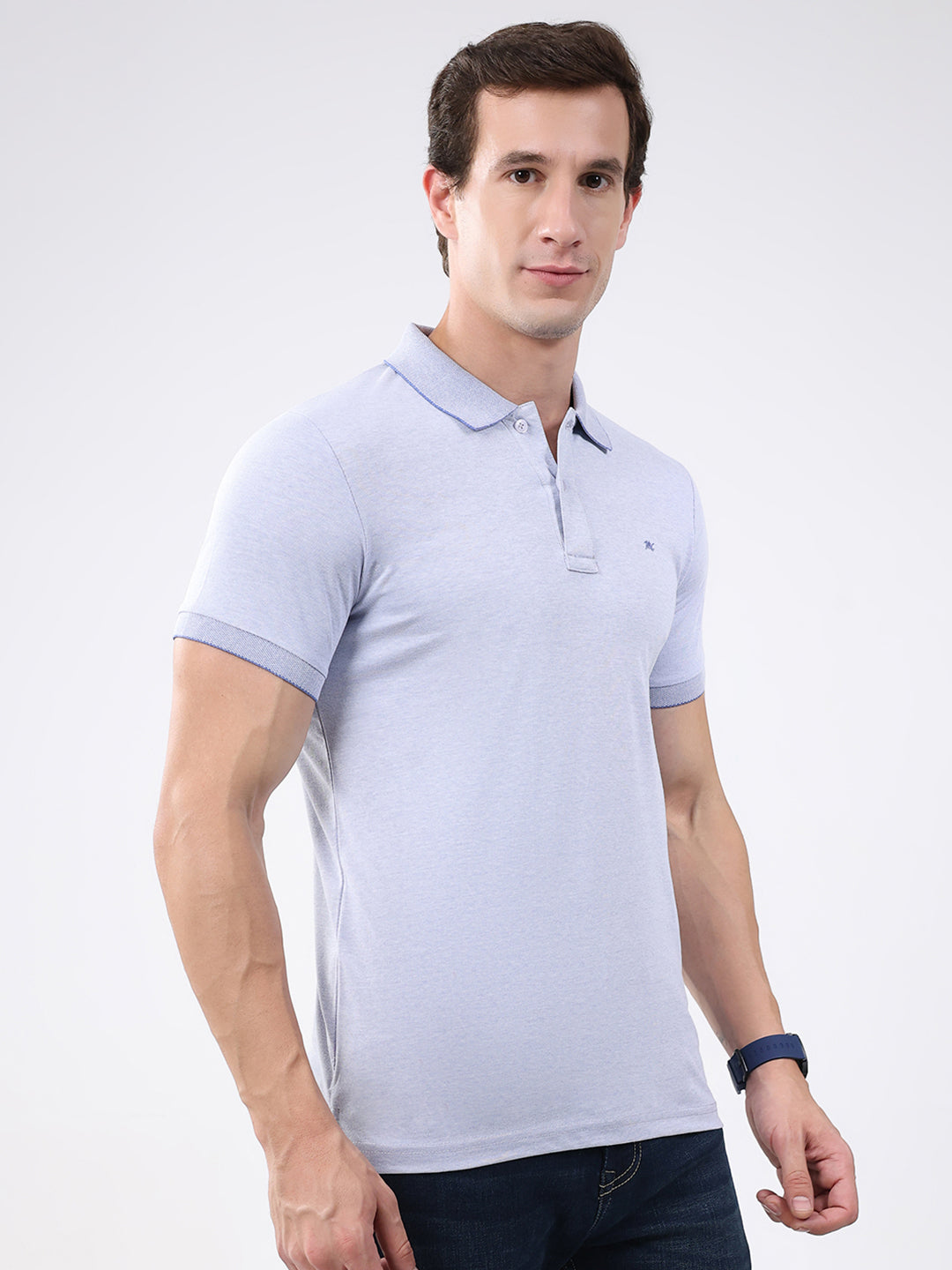 Men Sky Blue Solid Collar Half Sleeve T-Shirt