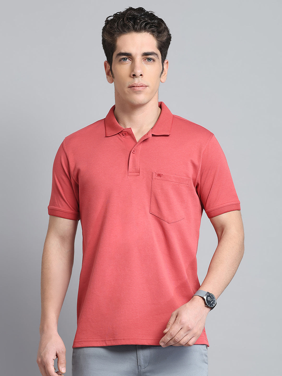 Men Rust Solid Collar Half Sleeve T-Shirt