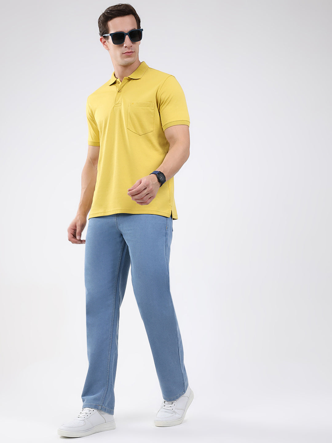 Men Mustard Solid Collar Half Sleeve T-Shirt