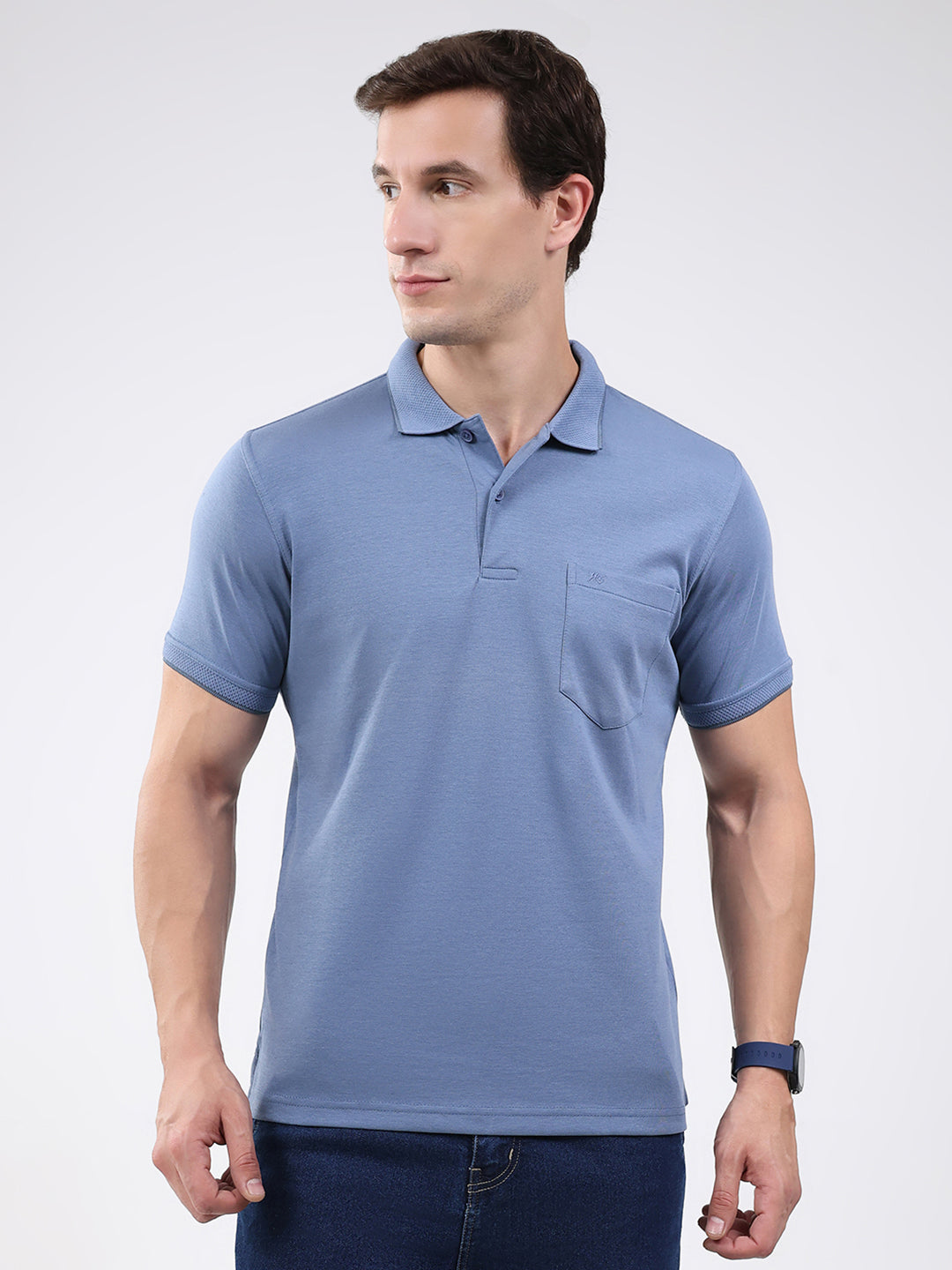 Men Blue Solid Collar Half Sleeve T-Shirt