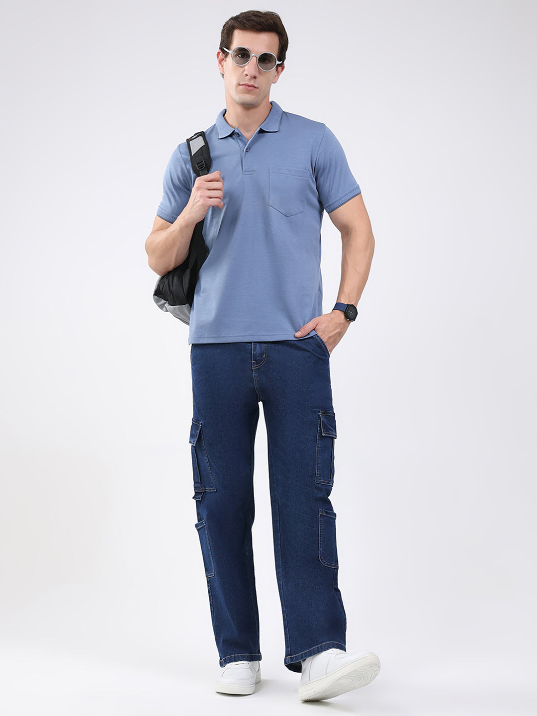 Men Blue Solid Collar Half Sleeve T-Shirt