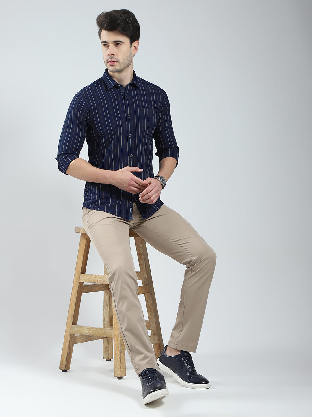 Men Navy Blue Stripe Collar Full Sleeve Shirt