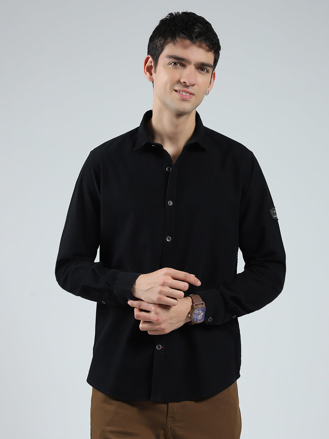 Men Black Solid Collar Full Sleeve Shirt